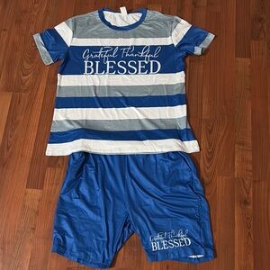 Blue and Gray Striped Shirt and Shorts Set
